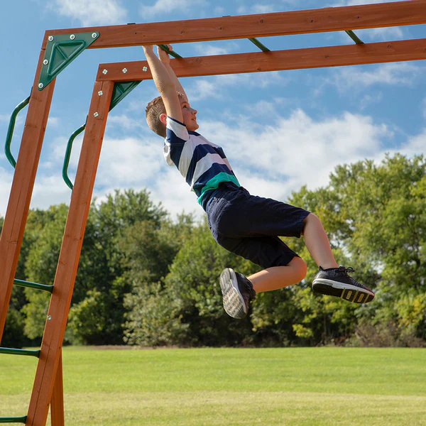 Our wooden swing sets offer a wide range of sizes, features, and styles that will turn any backyard into a playground.
