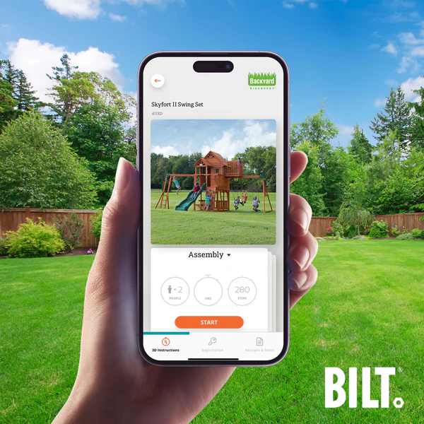 Supported assembly for select swing set models, with the step-by-step 3D interactive BILT® app. We’re with you every step of the way to ease the assembly process.