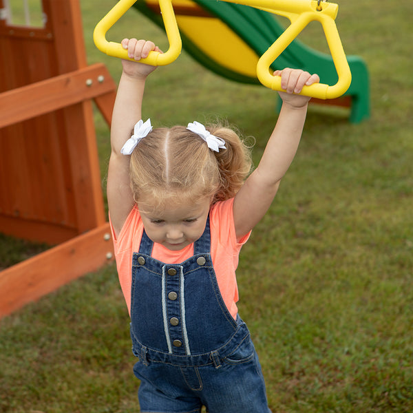 Double the fun with 2 belt swings and a trapeze so 3 kids can swing at once.