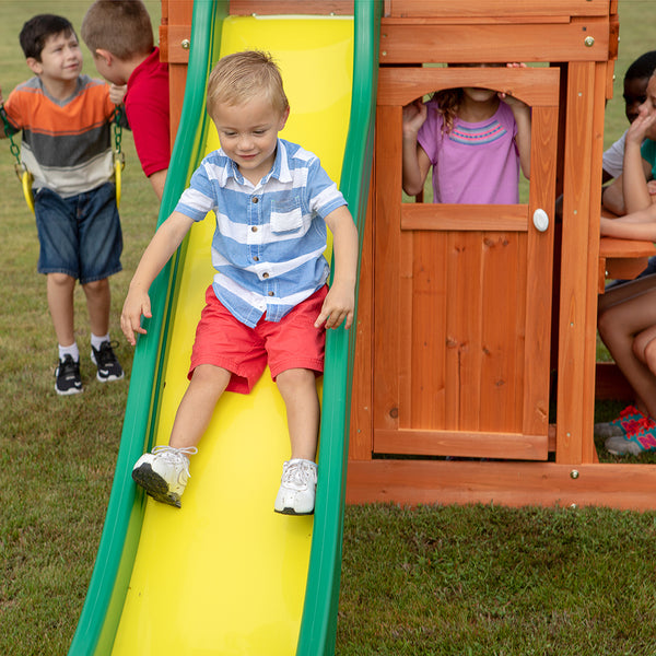 Our wooden swing sets offer a wide range of sizes, features, and styles that will turn any backyard into a playground.