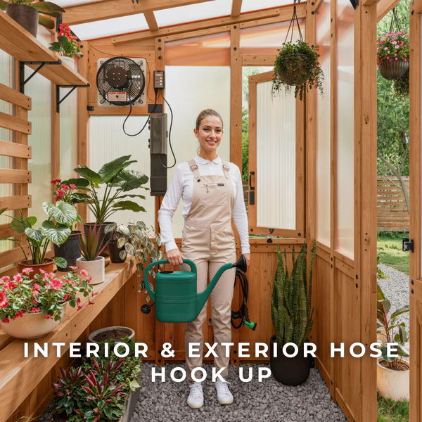 Convenient Hose Hookups Designed to simplify your gardening routine, the built-in interior/exterior hose hookups and the included hose make it easy to water your garden for effortless plant care.