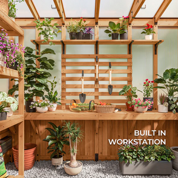 Built-In Workstation With 26 linear feet of fixed lower and upper staging shelves, this wooden greenhouse offers plenty of space to grow your favorite flowers and veggies. Plus, a spacious 4-tiered staging rack provides storage for all your gardening supplies, from flowerpots and planters to soil and watering cans.