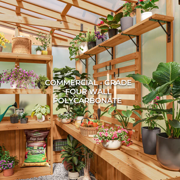 High-Quality Craftsmanship Commercial-grade 4-wall polycarbonate panels combined with natural cedar wood help maintain ideal conditions for year-round healthy plant growth. The polycarbonate provides exceptional heat retention and optimal sunlight transmission, while cedar resists decay for lasting durability.