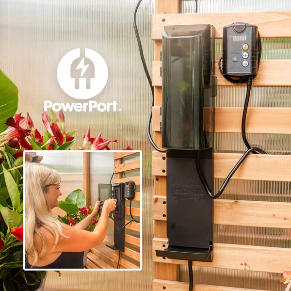 Patented PowerPort™ Featuring three 120V outlets and three USB ports, the PowerPort™ makes it easy to connect grow lights, misters, fans, and other gardening accessories throughout your backyard greenhouse.