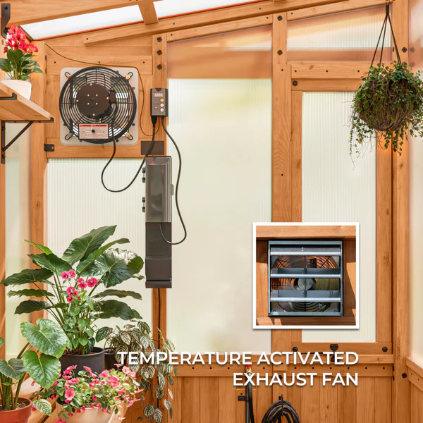 Forced and Passive Ventilation The integrated temperature-activated exhaust fan and easy-open window work together to create a thriving environment by managing moisture levels, promoting pollination, and enhancing air circulation.