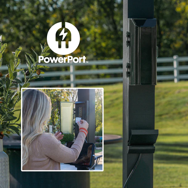 Patented PowerPort™ Power your backyard pergola with our convenient PowerPort™, featuring three USB ports and three 120V outlets. Easily connect devices, lighting, music, and more for seamless outdoor living.