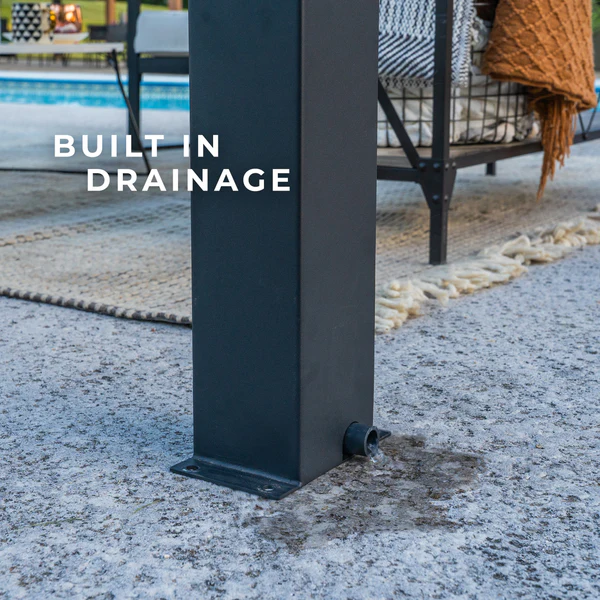 Integrated Drainage System Designed with a built-in gutter system that channels rainwater through concealed downspouts in the posts, while gutter guards block debris to maintain optimal drainage performance.