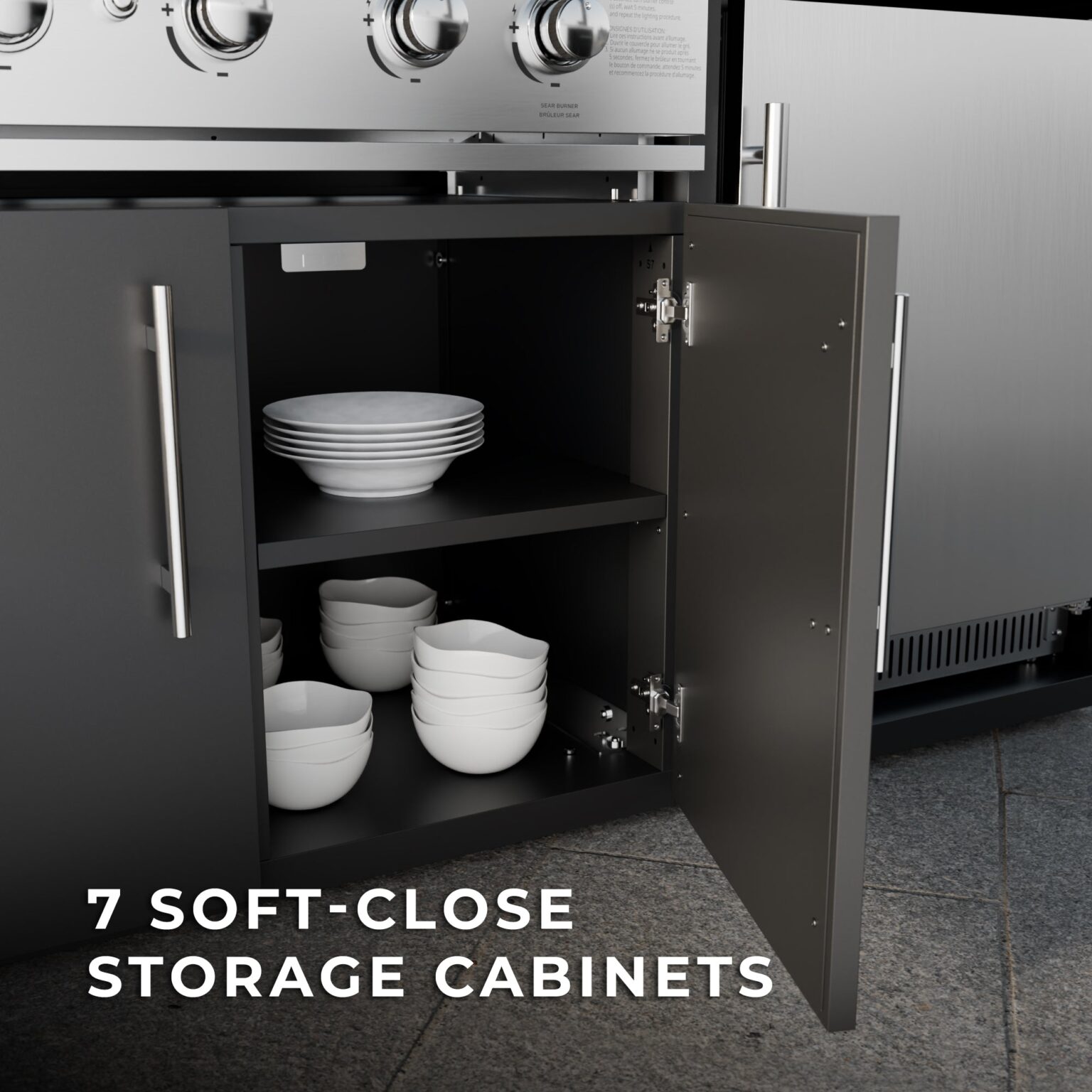 Lancaster Galley Outdoor Kitchen includes seven storage cabinets