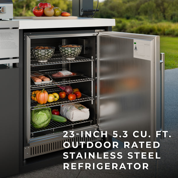 Keep your beverages and ingredients perfectly chilled with the outdoor-rated refrigerator. Crafted from durable 304 stainless steel and engineered to perform in temperatures over 100 degrees, this luxury fridge features LED interior lighting and ample space for all your cooking essentials.