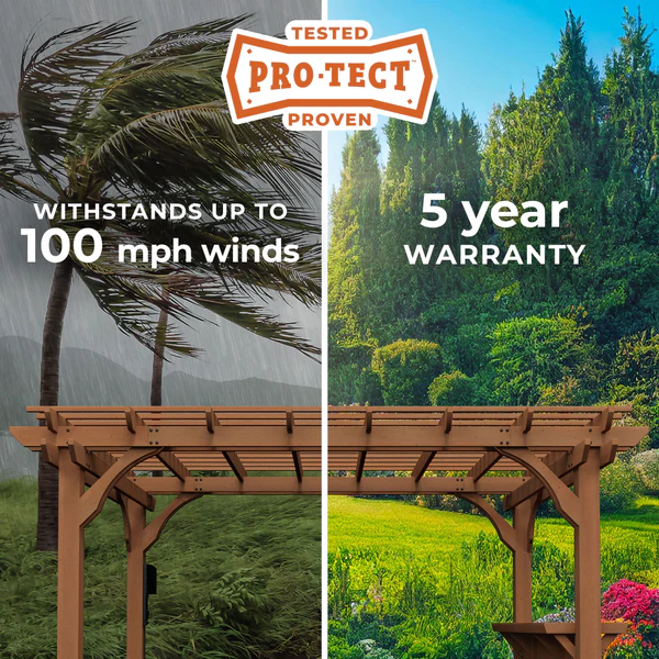 PRO-TECT™ Tested & Proven Our wooden pergolas are engineered with dual structural cross beams, robust posts and steel anchoring plates that enhance strength, durability and visual appeal. Have peace of mind knowing they are strong enough to withstand up to 100 mph winds when anchored as directed.