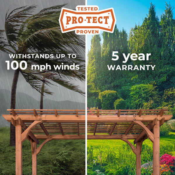 PRO-TECT™ Tested & Proven Our wooden pergolas are engineered with dual structural cross beams, robust posts and steel anchoring plates that enhance strength, durability and visual appeal. Have peace of mind knowing they are strong enough to withstand up to 100 mph winds when anchored as directed.