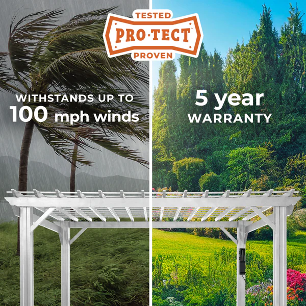 PRO-TECT™ Tested & Proven Our metal pergolas are engineered with heavy duty 100% galvanized & powder coated steel, making them capable of withstanding winds up to 100 mph, when anchored as directed.