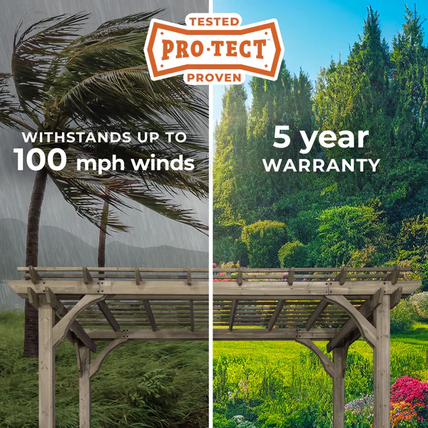 PRO-TECT™ Tested & Proven Our wooden pergolas are engineered with dual structural cross beams, robust posts and steel anchoring plates that enhance strength, durability and visual appeal. Have peace of mind knowing they are strong enough to withstand up to 100 mph winds when anchored as directed.