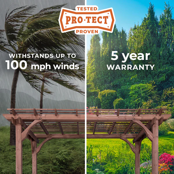 PRO-TECT™ Tested & Proven Our wooden pergolas are engineered with dual structural cross beams, robust posts and steel anchoring plates that enhance strength, durability and visual appeal. Have peace of mind knowing they are strong enough to withstand up to 100 mph winds when anchored as directed.